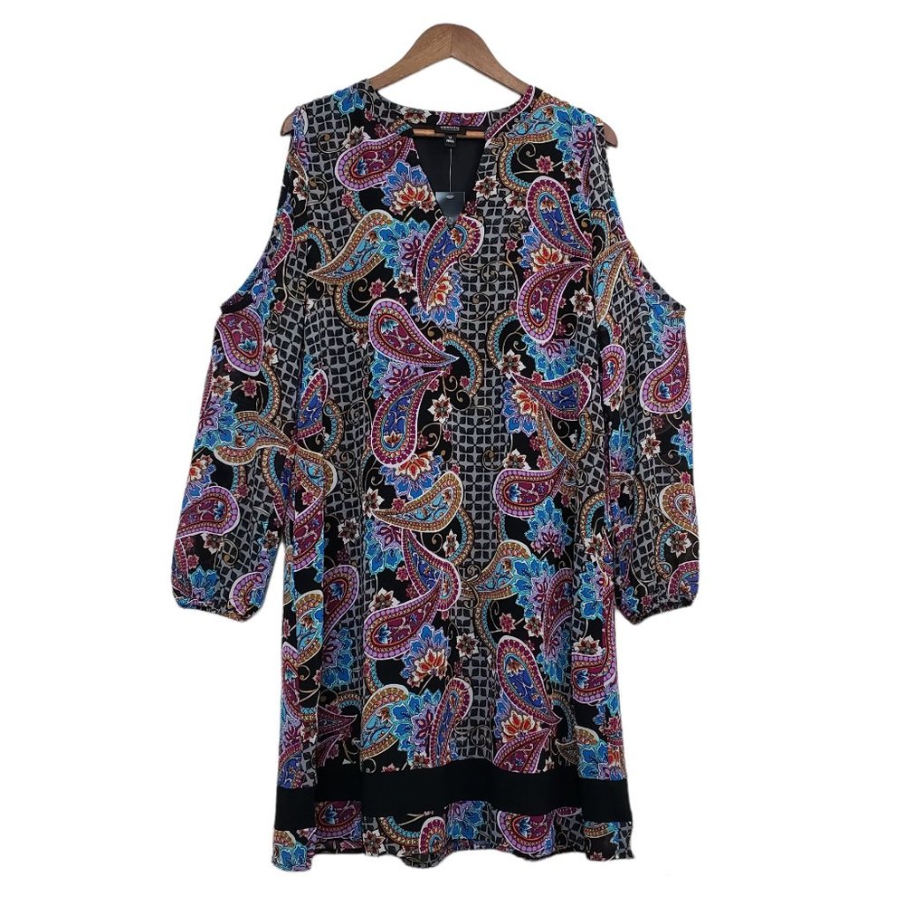 Nicole By Nicole Miller Paisley Boho Long Sleeve Cold Shoulder Dress SZ 12 NWT
